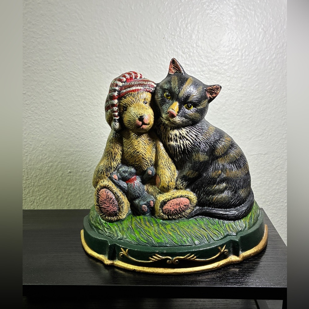Vtg Heavy Cast Iron X-mas Bear & Cat Door Stopper Home Decor Teddy Night Metal